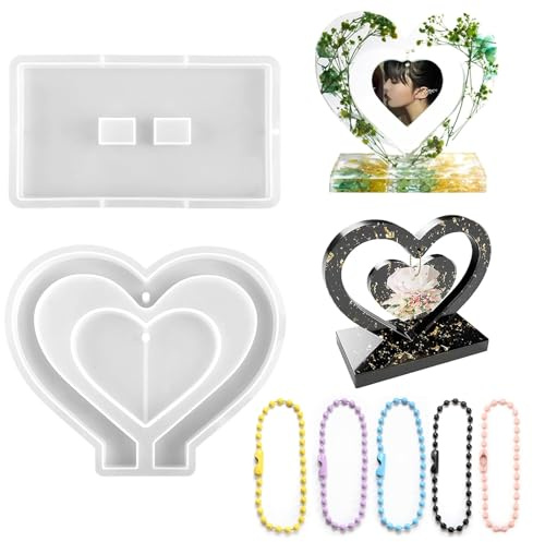 ZYEKIU Cadre Photo Coeur Moule Silicone Réutilisable Moule Resine Epoxy avec Pendentif DIY et 5 Chaînes pour Décoration Créative et Personnalisée Bricolage et Décoration Maison Valentin