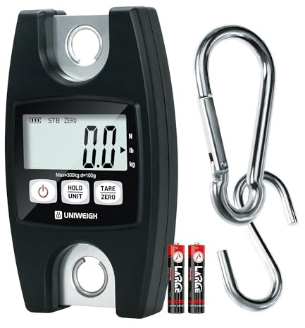 UNIWEIGH Balance suspendue 660lb/300kg,balance industrielle numérique avec crochets en aluminium,pese bagage à fonctions LCD/Hold/Tare pour ferme chasse,pêche,extérieur,bagage(Noir)