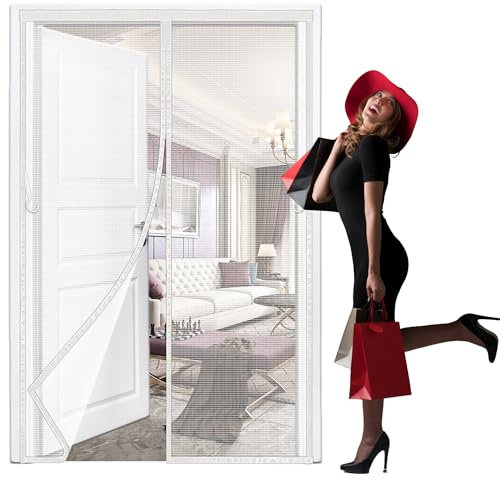 HL-YFC Mesh Magnetic Screen Door, 130x235cm Fly Mosquitoes Bug Insect Instant Retractable Magic Curtain for Sliding Glass Door Frech Patio White
