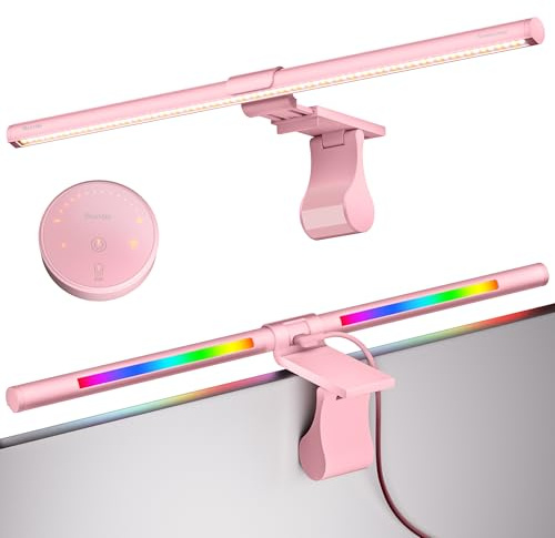 Quntis 51CM Rosa Lampade Monitor con Retroilluminazione RGB e Telecomando, 88+56 LEDs Luce Monitor Senza Luce Blu, Light Bar per PC, Accessori Gaming, Regalo per Ragazze