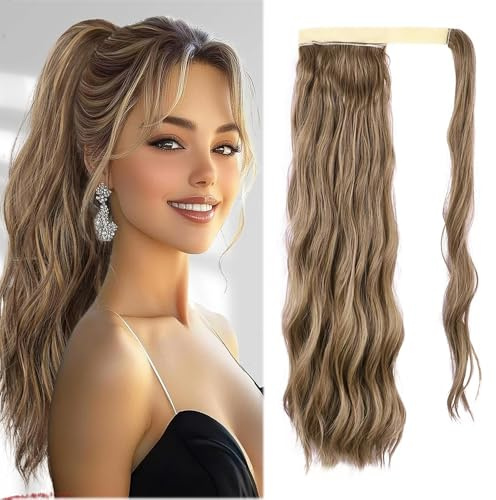 Hästsvans hårdel, lång vågig Wrap runt ponytail förlängning | Syntetisk klämma i hårstycke fläta hårförlängningar för kvinnor (12/24# brun & blond, lång)