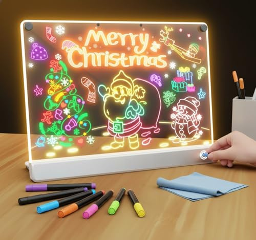 Tableau Lumineux Écrire et Dessiner Enfants avec 7 Stylos, 4 Modes Lumière RVB et Surface Magnétique - Tablette Lumineuse Message LED (30x20cm) pour Maison/École/Bureau