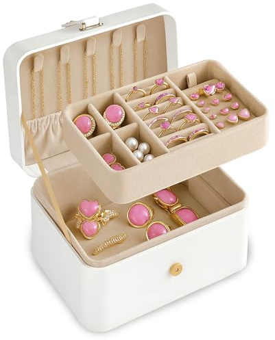 PECZEKO Schmuckkästchen Klein für Reisen, 2 Ebenen Schmuck Organizer, Reise Schmuckbox für Ohrringe & Ringe, Kein Verheddern, 16x11x8 cm Weiß