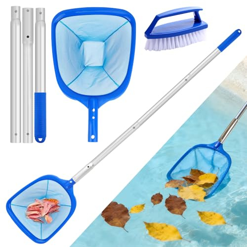 Swimming Pool Skimmer with Small Brush , Deep Pond Fish Net With Ajustable Thick Metal Pole, Pool Cleaning Kit Accessories for Pond Pool Hottub Spa Koi Tank Scoop Out Leaves Twigs Hairs Bugs Debris