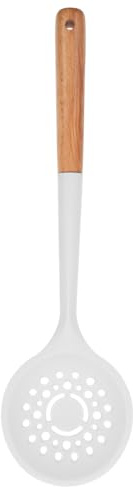NUOBESTY Utensilio Colador Ranurado de Silicona Mango de Madera, Cuchara Espumadera Grande para Cocina, Colador Antiadherente para Filtrar Alimentos