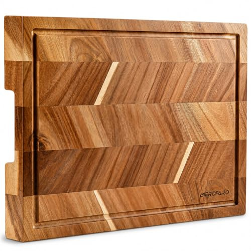 Bierofaro Acacia Wood Chopping Board 40x30x2.5cm, End Grain Wooden Cutting Board with Juice Groove & Handle, Butchers Block for Carving Meat, Vegetables, Cheese, Bread & Charcuterie Serving