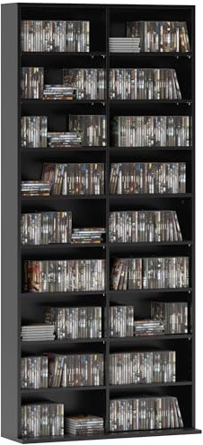 HOMCOM Estantería para CD, DVD y Bluray, soporte para hasta 640 CD o 360 DVD o 430 Bluray, almacenamiento con estante ajustable, estantería para libros y medios para la sala de estar, 78,5 x 24 x 175