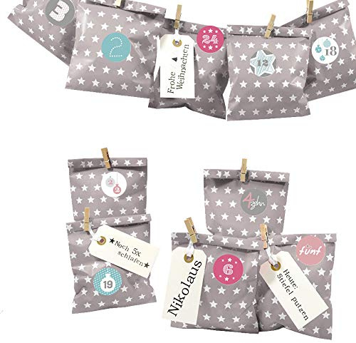 Frau WUNDERVoll® DIY Adventskalender zum Befüllen Bescherung, grau/taupe - weiße Sterne Papiertüten 13x16,5cm, Ziffern pastell/Weihnachten Aufkleber Advent Kalender Kinder Geschenkbeutel