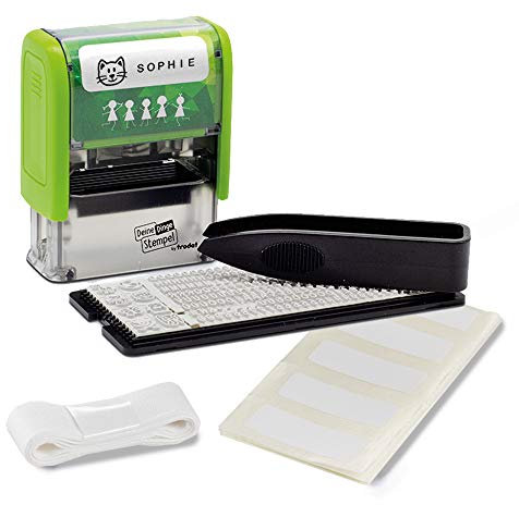 Trodat Stempel Deine Dinge für Kinder, Stempelset zum Selbst Gestalten – 3 Zeilen, Deutsch, Selbstfärbend, Textilstempel Waschmaschinenfest, 38 x 14 mm, Abdruck Schwarz, inklusive Zubehör