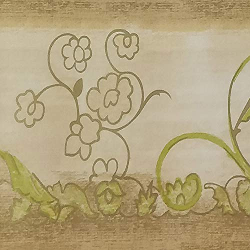 Dundee Deco BD3212 Tapeten Bordüre mit abstrakten grünen Blumen und Ranken, Damast, Beige, Tapetenbordüre Retro-Design, Rolle, 10 m x 10 cm, selbstklebend