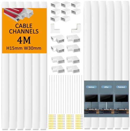 Flow fire White Cable Trunking Wire Cover for Wall, 4 Meter Self-Adhesive Cable Conduit Management Trunking, for Wall-Mounted Tv Cable Tidy (10X L400mm, W30mm H15mm)