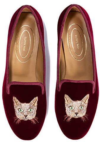 Journey West Women's Velvet Loafer Flat with Embroidery Smoking Slippers Slip on Shoes for Women Cat Burgundy US 8.5