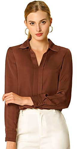 Allegra K Chemisier Femme en Satin Col en V Blouse Satinnée Chic et élégante pour Bureau à Manches Longues Coupe Ample Marron XL
