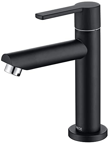 ONECE Grifo Lavabo Negro de Latón de Solo Agua Fría, Grifería Agua Fria de Aseos para Invitados, Monomando de Baño con Manguera de Conexión, Aireador Extraíble