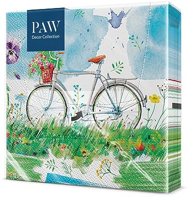 PAW - Servietten 3-lagig (33 x 33 cm) I 20 Stück I Perfekt für Geburtstage, Partys, Hochzeiten, Kommunion I Papierservietten Bunt - Blumen, Frühling, Sommer, Fahrrad I Farbe: Watercolor Bicycle