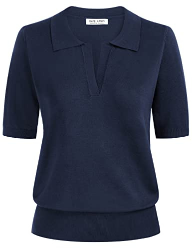 Kate Kasin Women's V Neck Knitted Polo Pullover Sweater Short Sleeve Ribbed Solid Knitwear Lapel Collar Tops Fashion Sweater Navy Blue S