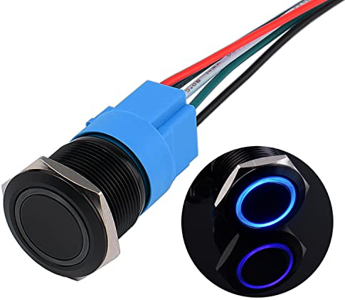 JIQI 22mm Momentane wasserdichte Druckschalter 12V bis 24V 5A EIN/AUS Taste Schalter mit LED Beleuchtung Schwarzes Metallgehäuse IP66 1NO1NC vorverdrahte Momentary Drucktaster für KFZ DIY Auto(Blau)