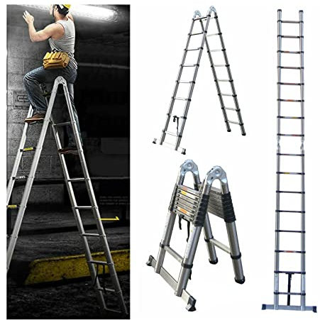 Telescopic Ladder 5m A Frame 2.5m+2.5m Extendable Folding Ladder Heavy Duty An-ti Slip Safety Lock