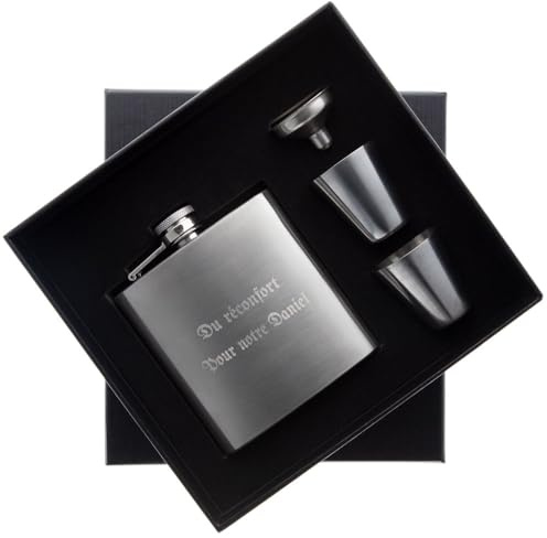 Borraccia in acciaio personalizzata con incisione – Set regalo con imbuto e bicchierini – Accessorio whisky elegante e personalizzato