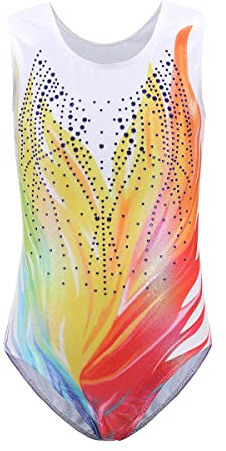 IBAKOM Enfant Filles Gymnastique Ballet Justaucorps Sans manches Danse Body scintillant une pièce Danse justaucorps Vêtements de danse Arc-en-ciel-jaune 7-8 ans