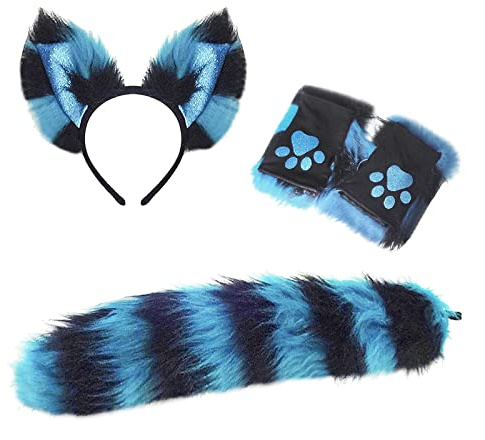 JIAHG Plüsch Katzenohren Haarreif Katzenschwanz Pfotenhandschuhe Set, Katzenkostüm Accessoires für Damen, Halloween Fasching Karneval Tierparty Cosplay Rollenspiele