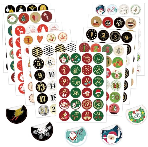 10 × 24 Adventskalender Sticker, Aufkleber Zahlen 1-24, Nummern für Weihnachten