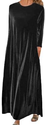 Robe Velours Femmes Grandes Tailles- Robe de Soirée Longue Manche Longue,Robe Fête Col Rond Unicolor Couleurs Pures Doux Confortable Amincissante Plissée Oversize Lâche la Grâce Long Robe