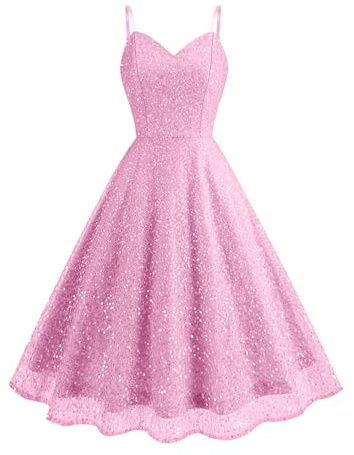 Odizli Glitzerkleid Damen Pailettenkleid Sexy Glitzer Pailletten Spaghettiträger Swing Partykleid Rockabilly 50er Jahre Vintage Cocktailkleid Festliche Party Kurz Ballkleid Abendkleid Rosa S