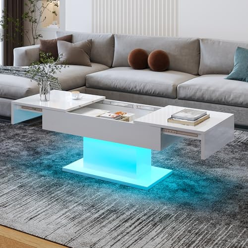 KEEPREAPER Couchtisch Wohnzimmertisch mit LED Hochglanz ausziehbar | versenkbar mit Stauraum für Sofa Wohnzimmer, 108x53x49cm Weiß