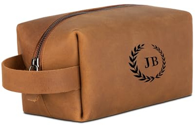 Personalisierbarer Kulturbeutel aus hochwertigem Leder - Handgefertigte Kulturtasche, Leder Dopp Kit für Damen und Herren, Premium Kosmetiktasche für die Reise, personalisierbare Waschtasche-Tobacco