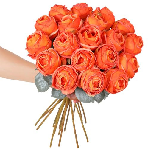 Kisflower Artificial Orange Flower, 20 Tall Single Stem Fake Flower, Silk Blossom Rose for Table Office Party Wedding Home Decor (Orange, 10pcs)