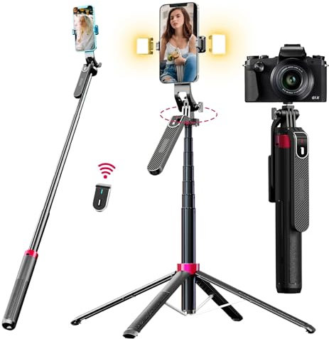 WOVTE 71 Phone Tripod Stand - Selfie Stick Tripod with 2 LED Light and Wireless Remote, Cell Phone Stand for Recording Video and Photo, Compatible with iPhone, Android, Camera & Gopro