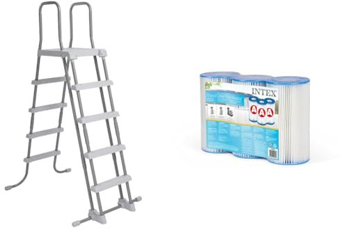 Intex Escalera ESCALERAS Desmontables (para Piscinas DE 52 Pulgadas), Gris, 130x33x182 cm & 29003-PACK 3 Cartuchos Filtro Tipo A