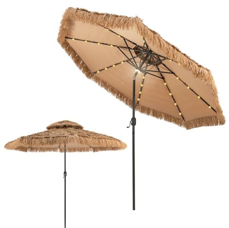 KOMFOTTEU Sombrilla de Playa Ø270/300cm, Sombrilla Hawaiana de Paja de PE, Parasol de Rafia Inclinable con 8 Varillas, Sombrilla con Doble Techo para Jardín, Terreza, Balcón