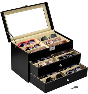 ColdShine Brillenbox für 8 Fächer Brillen Brillenkoffer Sonnenbrillen Aufbewahrung mit Sichtfenster Glasbox aus Kunstleder zur Aufbewahrung von Sonnenbrillen, Glas