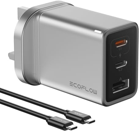 EF EcoFlow Cargador GAN Rapid 65W con Cable de 100W, 3 Puertos, para iPhone 15/14/13 Plus Pro MAX, MacBook Pro/Air, iPad Pro, Galaxy S23/S22, Note20, Pixel, Apple Watch, etc.