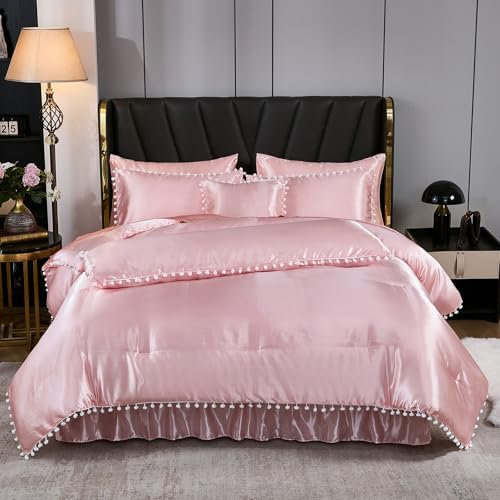 Bedorm Pink Satin Comforter Set 10 Pcs White Pom Pom Bedding Set Queen Size Super Soft Smooth Silk Like Silky Comforter Queen Bed in A Bag with Comforter & Sheet Set & Pillowcase & Bed Skirt