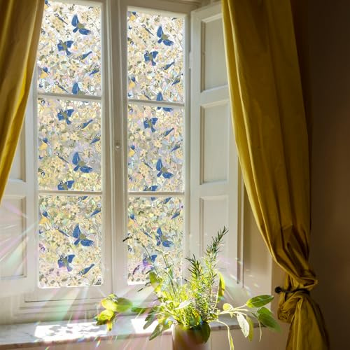 funlife Privacy Rainbow Window Film, Watercolor Static Cling Window Stickers, Non-Adhesive Double-Sided Vinyl Film, Blue Tits and Blooming Trees 43x300cm