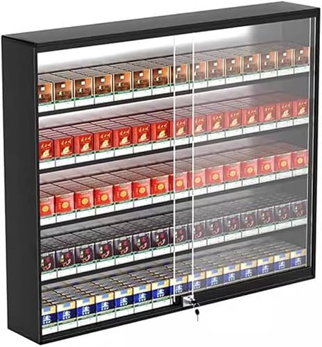 Présentoirs Muraux Pour Cigarettes Multicouche Cigarette étagère Avec Porte Coulissante Présentoir à Cigarettes Avec Serrure De Sécurité Organisateur D'armoire De Vent(Size:92.5x17.3x75cm,Color:Noir)