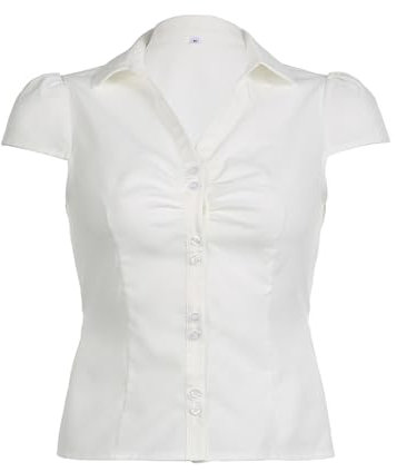 Women's Basic Button Down Shirts Cap Sleeve Lapel Collar Tight Blouse Tie Up Back Slim Fit Tops Summer Office Shirt (A-White, S)