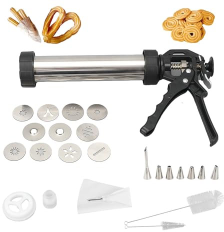 Churro Maker Machine, 3-In-1 Multifunctional Cookie Press, 304 Stainless Steel Churro & Cookie Press Gun, Hollow Churros Making Kit with Piping Bag, 2 Brushes, 10 Cookie Discs and 7 Piping Nozzles
