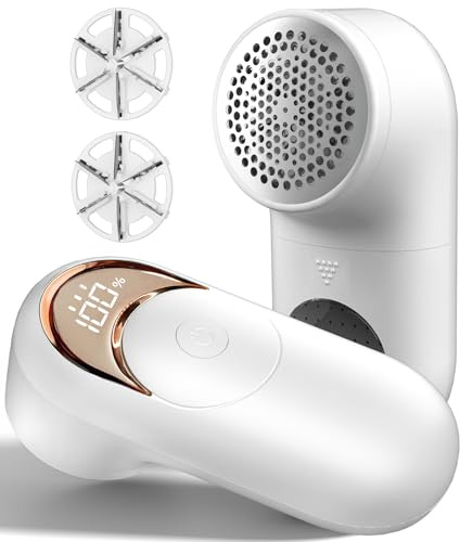 Lint Remover, Bobble Remover for Clothes, Rechargeable Debobbler with LED Display, 3 Speeds Adjustable Fabric Shaver for Clothes, Sweater and Various Fabrics, Snowy | Rechargeable Sweater Shaver with 6-Leaf Blades, 3 Speed Adjustable to Remove Fuzz Balls, Ideal for Clothes Couch Blanket