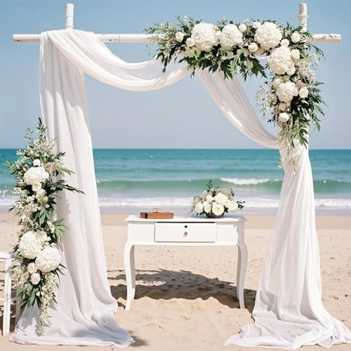 TOPICK Gardinen mit Hochzeit Himmelbett Vorhänge Hochzeitbogen, H500xB130 cm Querbehang Vorhangstoff Tüll Meterware Chiffon Stoff Voile Gardinen Gardinenschals Vorhang Transparent Weiß 1 Stück