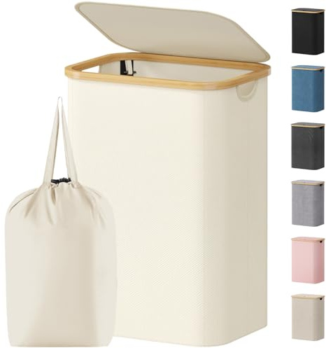 Lifewit 80L Laundry Basket with Lid, Foldable, Bamboo Handles, Cream White | Dirty Clothes Bin with Removable Bag, Large Washing Basket for Bedroom, Bathroom, Dorm and Laundry Room