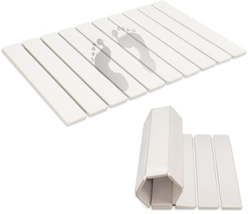 Revid Tapis de bain pliable en pierre de 61 x 40,6 cm (L x l) pour salle de bain, tapis de bain à séchage rapide, antidérapant et absorbant, blanc