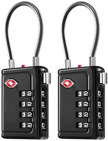 ZHEGE Kofferschloss Zahlenschloss 4 Stellig, TSA Schloss (2, Schwarz) | Flexible Kabel, Zelt Schloss, Weißen Zahlen, Gepäckschloss, Reiseschloss, Kabelschloss für Koffer, Rucksack, Hostel, TSA008