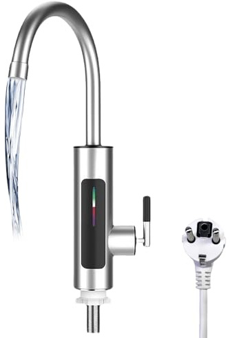 Wasserhahn mit Durchlauferhitzer, Elektrischer Durchlauferhitzer Wasserhahn, Edelstahl Wasserhahn Küche mit LED Temperaturanzeige, 360 ° Drehbarer für Küche Garten Camping(220V 3000W, EU Stecker)