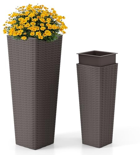COSTWAY 2er Pflanzkübel mit Innentopf, Rattan Pflanzgefäße stapelbar, Braun | 82 cm / 60 cm hoch, Blumentöpfe mit Entwässerungslöchern, Übertopf für Garten Terrasse Hinterhof Balkon