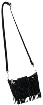 Mini borsa a tracolla da donna con frange in stile etnico retrò, con cinturino regolabile e portafoglio con cerniera per cellulare, Nero , Organizer per borse