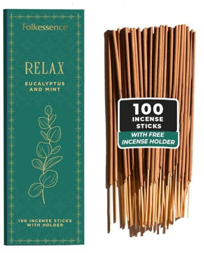 Folkulture Incense Sticks with Holder (100 Sticks)| Eucalyptus Incense Stick for Meditation, Aromatherapy, Realxation Gifts | No Charcoal,Organic,Non Toxic, 45 Mins, Long Burning Insence-Sticks